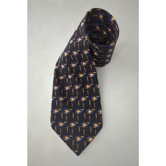 J.Z. DOUBLE BLACK Silk Tie Black Brown Blue and Gold EUC 58" Made in USA - Picture 1 of 5